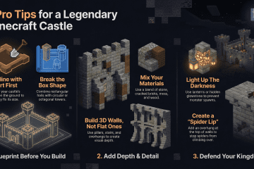 Infographic with Minecraft castle tips showing how to outline with dirt, build 3D walls with mixed materials, and use lighting and overhangs to protect from mobs.