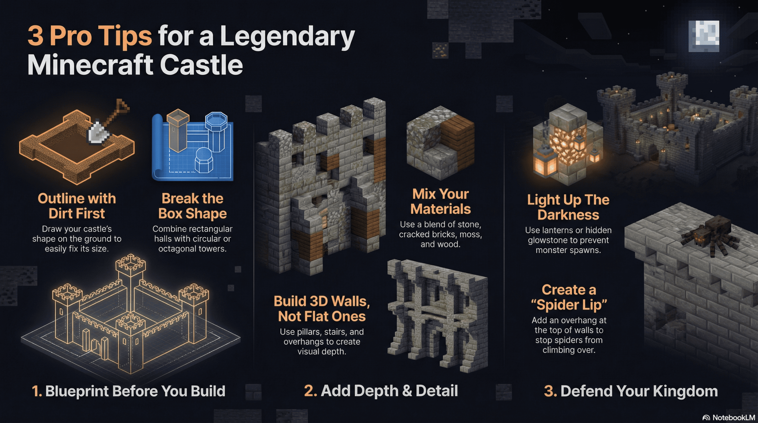 Infographic with Minecraft castle tips showing how to outline with dirt, build 3D walls with mixed materials, and use lighting and overhangs to protect from mobs.