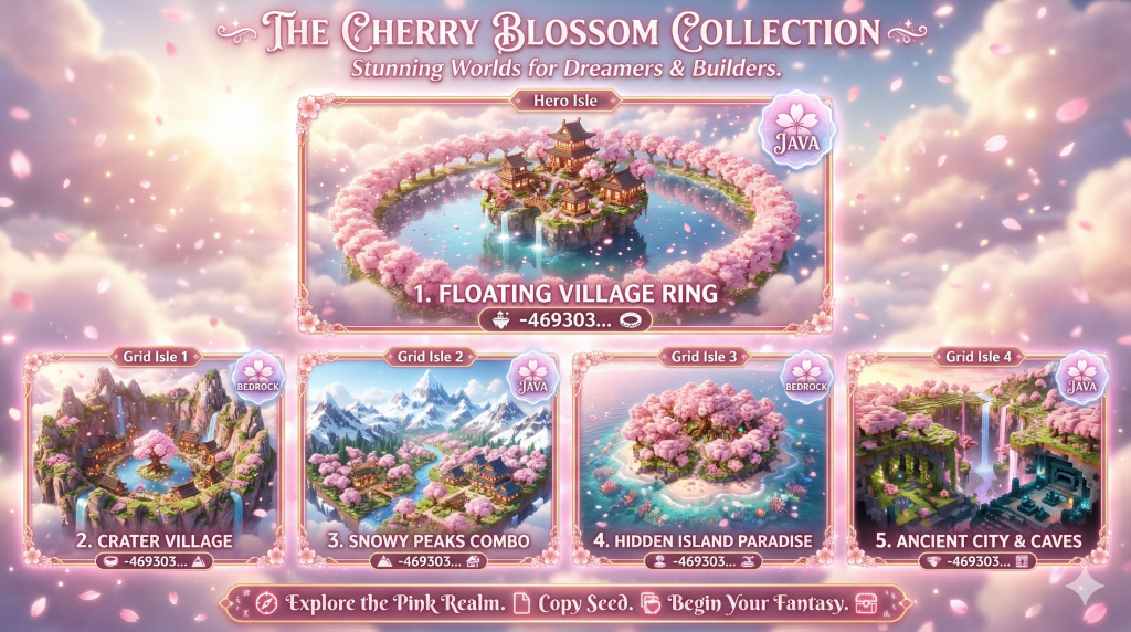 Minecraft seed collection featuring cherry blossom biomes with floating village, crater town, snowy peaks, and ancient cave builds for Java and Bedrock editions.