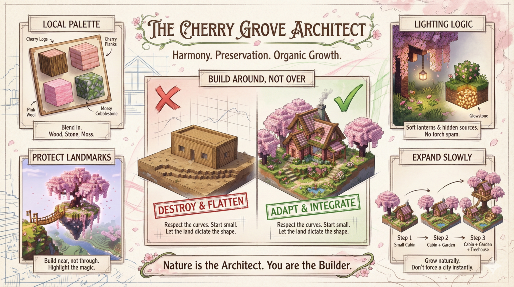 Minecraft Cherry Grove building guide showing how to blend with terrain, use cherry wood and mossy blocks, and grow bases organically without flattening land.