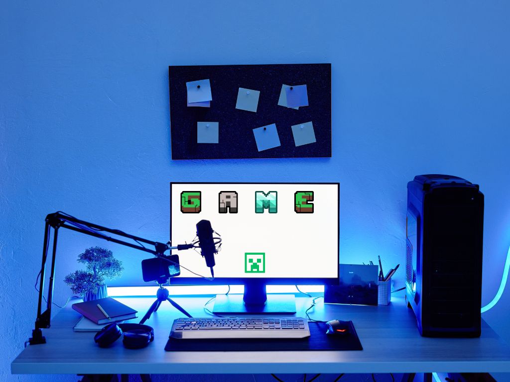 Gaming desk with blue lighting, microphone arm, and monitor displaying the word “GAME” in pixel font.