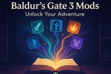 Open magical book with glowing icons for sword, shield, elf, flame, and armor, titled "Baldur’s Gate 3 Mods: Unlock Your Adventure."