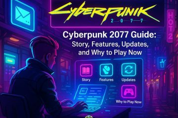 Futuristic neon city with a character using a laptop, showcasing Cyberpunk 2077 guide icons for story, features, updates, and reasons to play now.