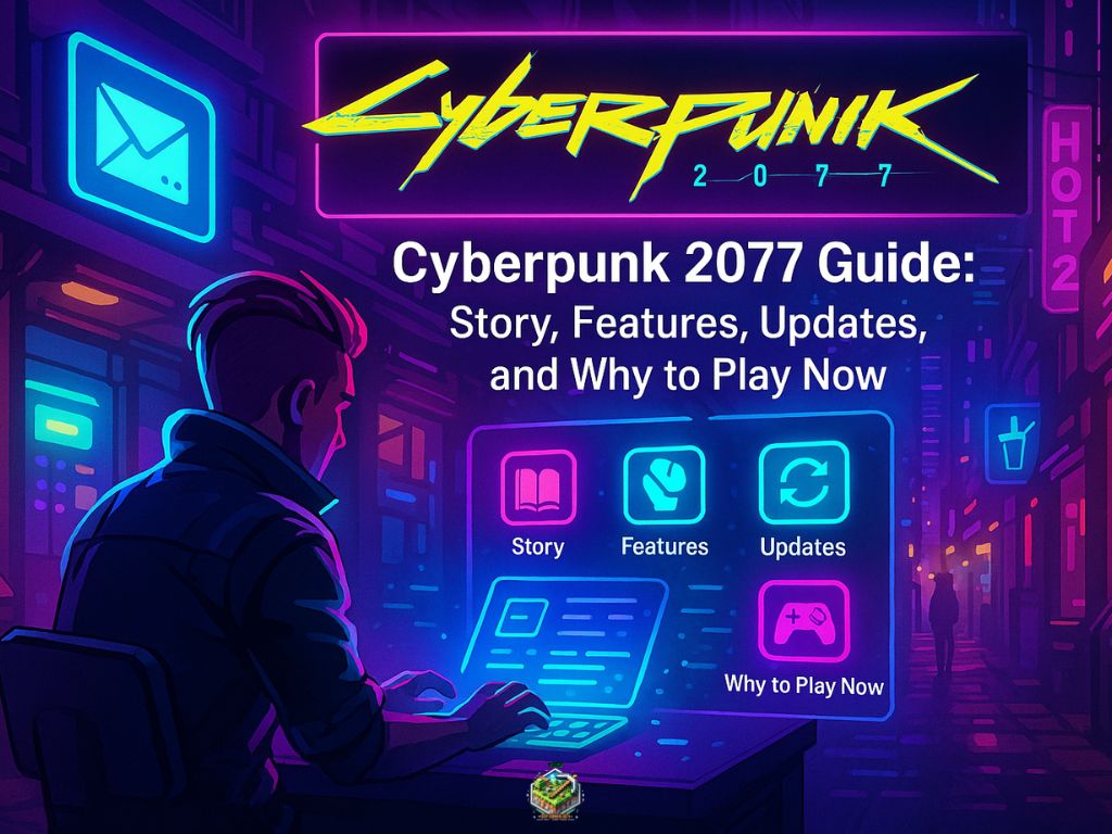 Futuristic neon city with a character using a laptop, showcasing Cyberpunk 2077 guide icons for story, features, updates, and reasons to play now.