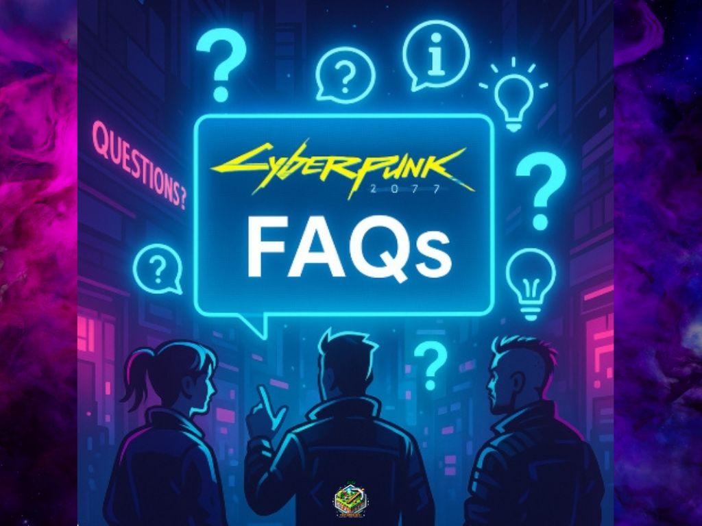 Three characters under a glowing Cyberpunk 2077 FAQs sign surrounded by neon question marks and lightbulbs in a futuristic city background.