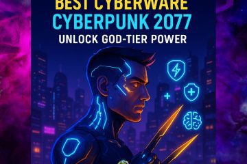 Cyberpunk 2077 character with cyber enhancements and neon icons for speed, health, and intelligence in a futuristic city.
