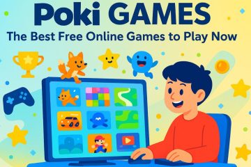 Bright, playful illustration of a happy child playing Poki games on a desktop monitor, surrounded by cartoon animals, stars, trophies, and gaming icons, promoting free online games.