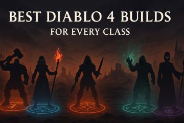Dark fantasy illustration showing silhouettes of Diablo 4 character classes standing on glowing magical circles, each representing a different build type, with a fiery, ominous background.