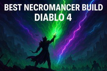 Dark fantasy artwork of a Necromancer casting green and purple magic beams into the sky, commanding an army of undead soldiers in a shadowy landscape, representing the best Necromancer build for Diablo 4.