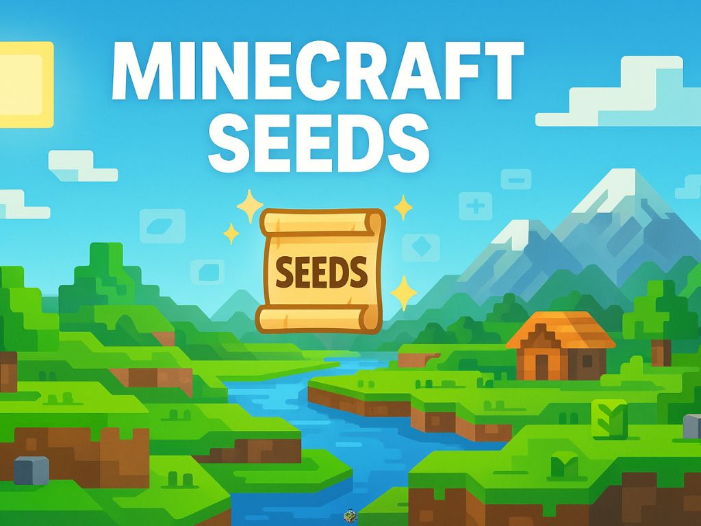 Minecraft-themed landscape with a river, grassy plains, a house, and mountains under a bright sky, featuring a scroll labeled "Seeds" at the center.