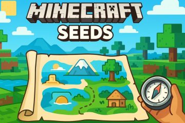 Colorful Minecraft-themed scene showing a hand holding a compass and an illustrated map with landmarks like mountains, trees, water, and a small house under a bright blue sky.
