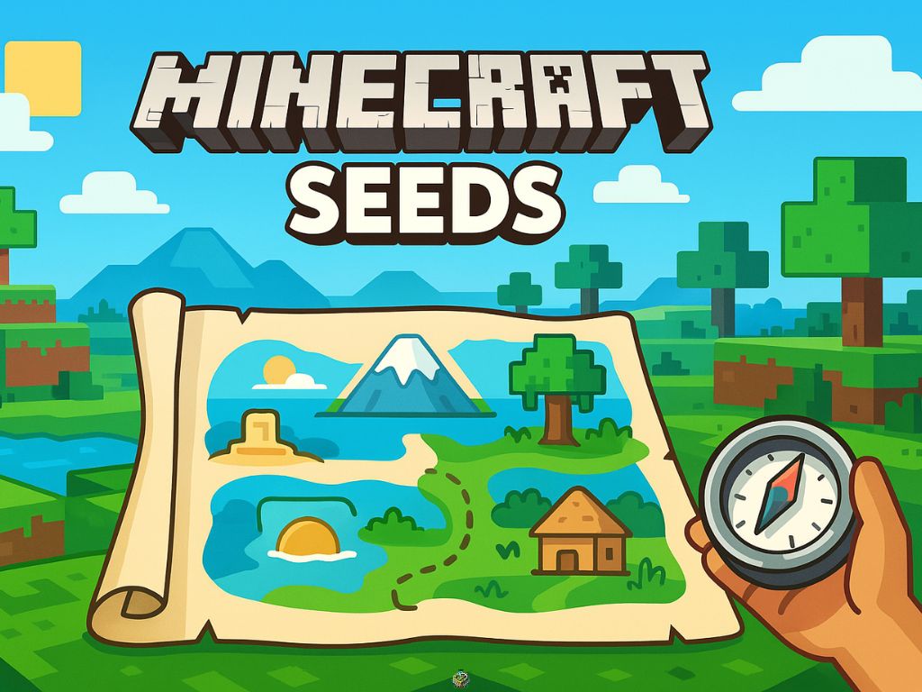 Colorful Minecraft-themed scene showing a hand holding a compass and an illustrated map with landmarks like mountains, trees, water, and a small house under a bright blue sky.
