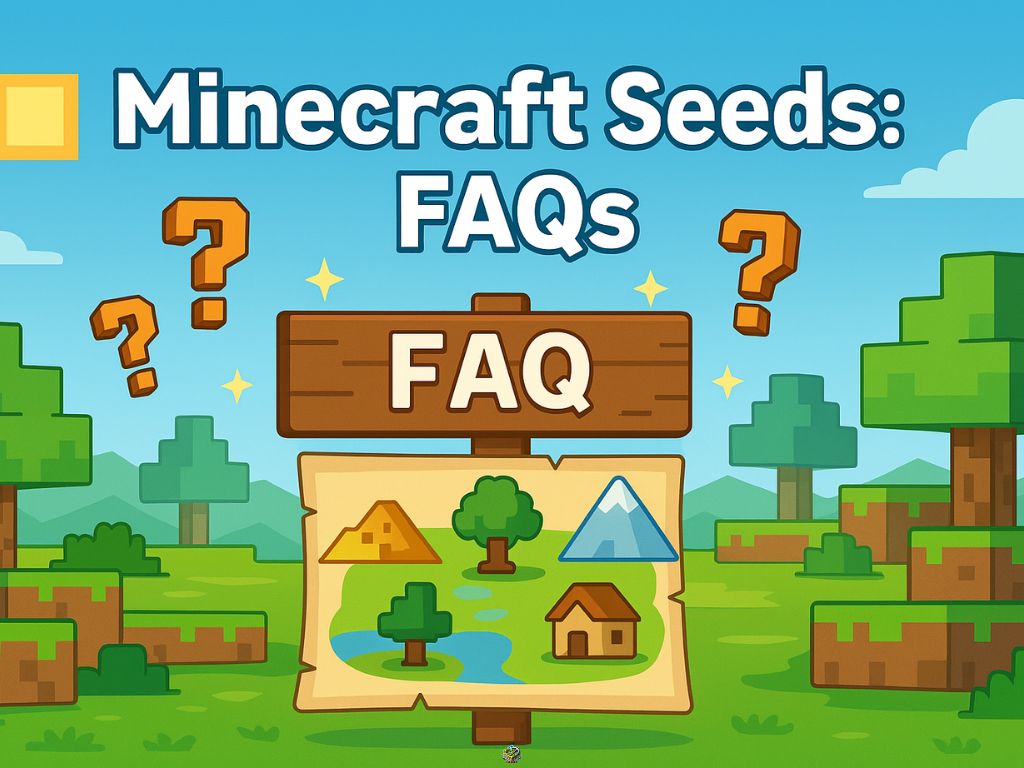 Bright and colorful Minecraft-style scene showing a wooden FAQ sign and a map with trees, a river, a mountain, and a house, surrounded by question marks and pixelated landscape.