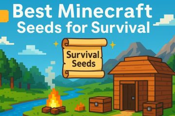 Colorful Minecraft survival scene featuring a wooden house, chests, a campfire, and a river surrounded by trees and mountains, with a scroll labeled "Survival Seeds."