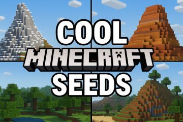 Minecraft collage showcasing a snowy mountain, red desert mesa, lush forest, and sandy hills, with bold "Cool Minecraft Seeds" text across the center.