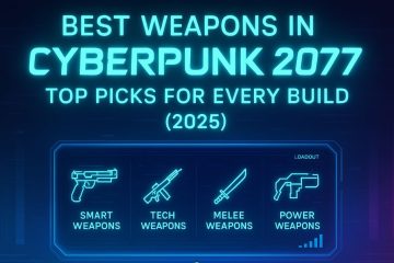 Neon-lit Cyberpunk 2077 loadout screen featuring categories for smart weapons, tech weapons, melee weapons, and power weapons, optimized for all playstyles in 2025.