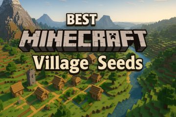 A scenic Minecraft valley with a river running alongside a village of small wooden houses and a stone tower, with bold 3D "Minecraft" text overhead.