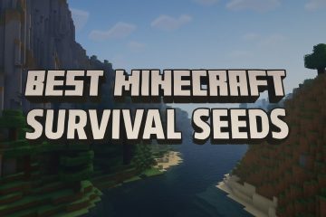 Minecraft survival landscape featuring towering cliffs, a river valley, and dense forests under a soft sky, overlaid with bold text "Best Minecraft Survival Seeds."