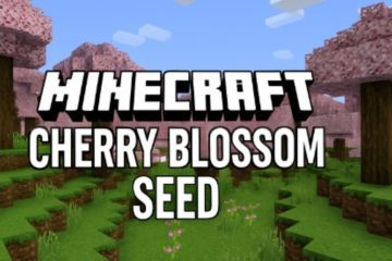 A bright Minecraft landscape featuring lush green grass and pink cherry blossom trees under a blue sky, with the text "Minecraft Cherry Blossom Seed."