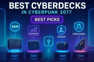 Futuristic digital interface showcasing top cyberdeck models in Cyberpunk 2077, with neon icons highlighting RAM, quickhacks, stealth, and overclocking features.