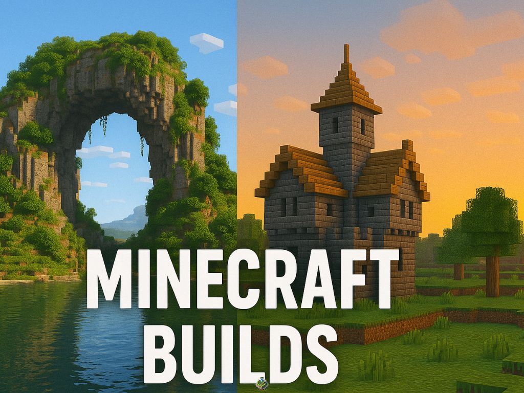 Side-by-side view of a natural stone arch and a medieval Minecraft house at sunset with bold text reading “Minecraft Builds”