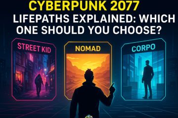 A character stands in front of three illuminated pathways labeled Street Kid, Nomad, and Corpo, representing different starting lifepaths in Cyberpunk 2077.