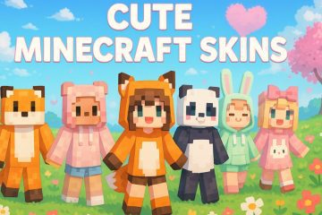 Group of Minecraft characters in cute animal onesies standing in a colorful flower field under the text “Cute Minecraft Skins”