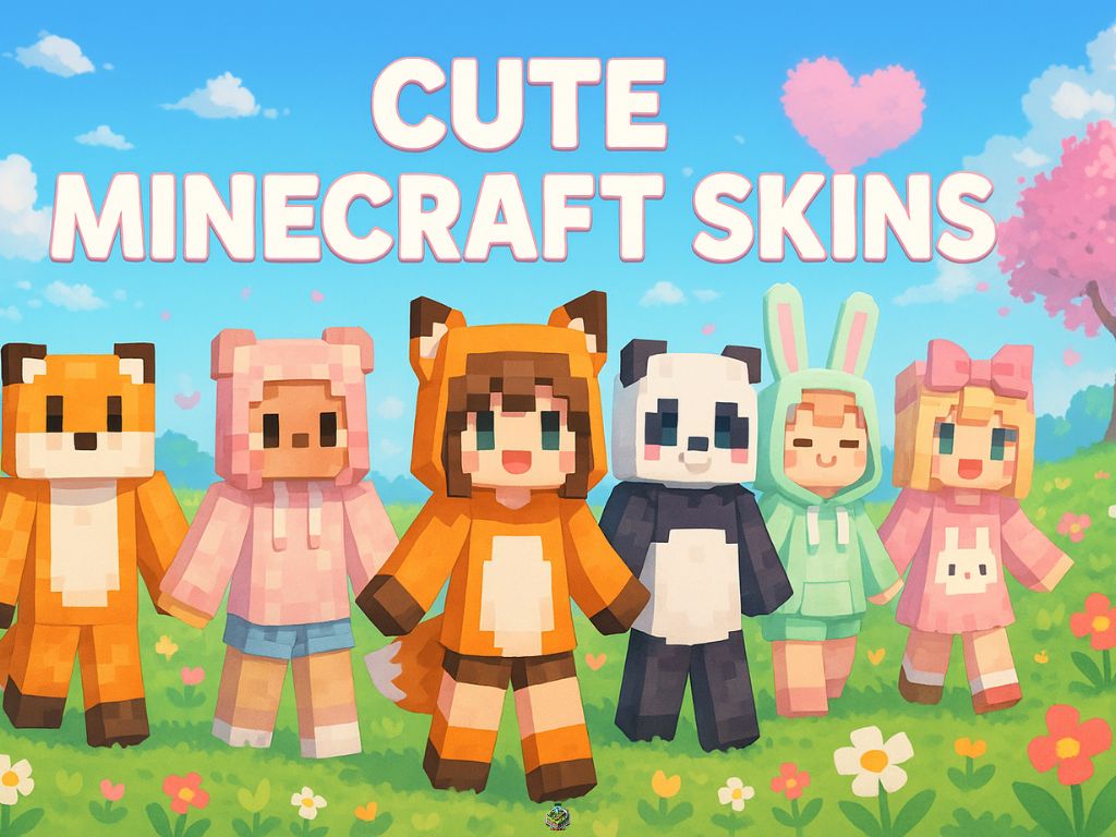 Group of Minecraft characters in cute animal onesies standing in a colorful flower field under the text “Cute Minecraft Skins”