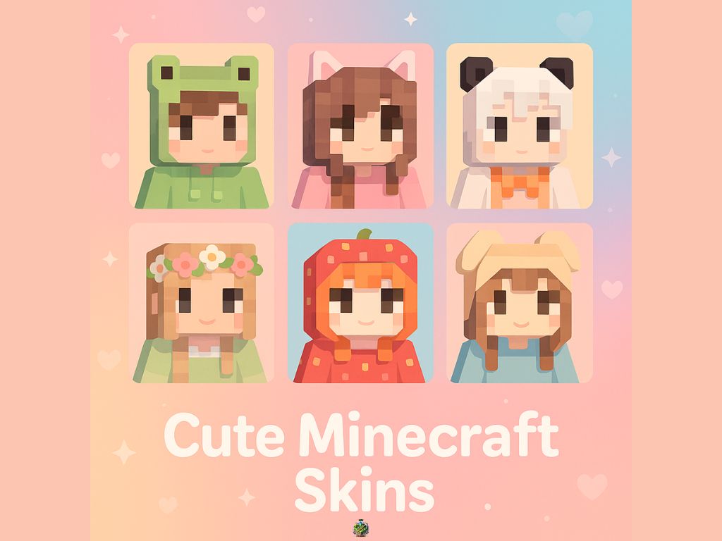 Grid of six cute Minecraft skins with animal and flower-themed outfits on a pastel background with the text “Cute Minecraft Skins”

