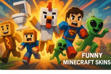 Minecraft characters dressed as a toilet, chicken, Superman, hotdog, and green aliens running with the caption “Funny Minecraft Skins”