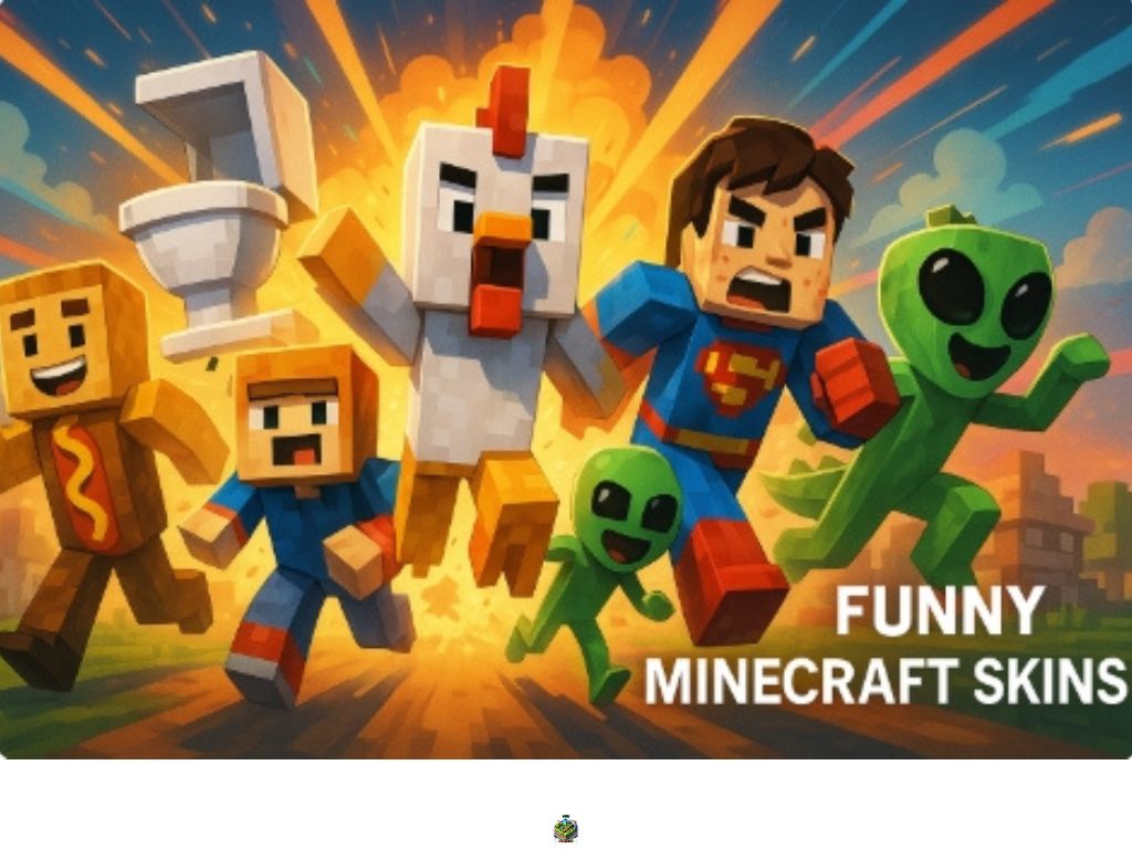 Minecraft characters dressed as a toilet, chicken, Superman, hotdog, and green aliens running with the caption “Funny Minecraft Skins”