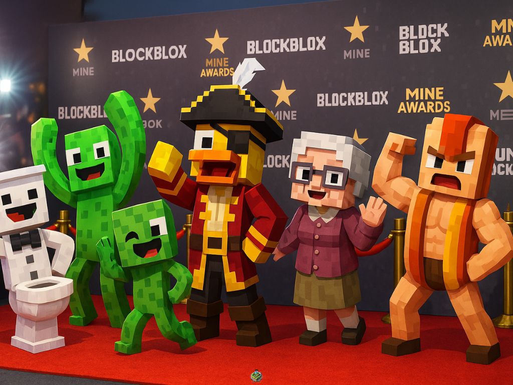 Group of funny Minecraft characters like a toilet, creepers, pirate duck, grandma, and wrestler posing on a red carpet at the “BlockBlox Mine Awards”