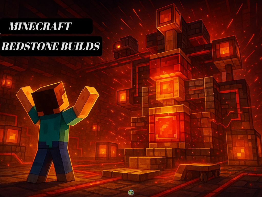 Minecraft Steve standing before a glowing Redstone-powered structure underground, with the text “Minecraft Redstone Builds” in bold above