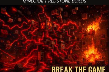 Explosive Minecraft Redstone build with glowing circuits, flying blocks, and fiery effects under the text “Break the Game – Minecraft Redstone Builds”