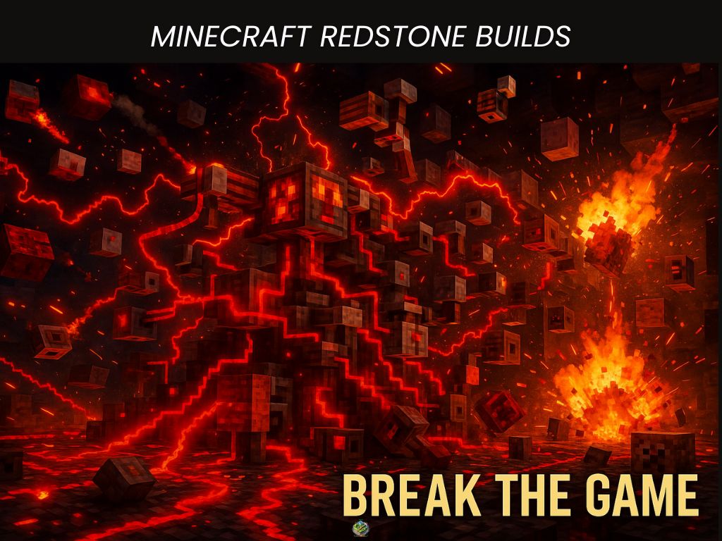 Explosive Minecraft Redstone build with glowing circuits, flying blocks, and fiery effects under the text “Break the Game – Minecraft Redstone Builds”