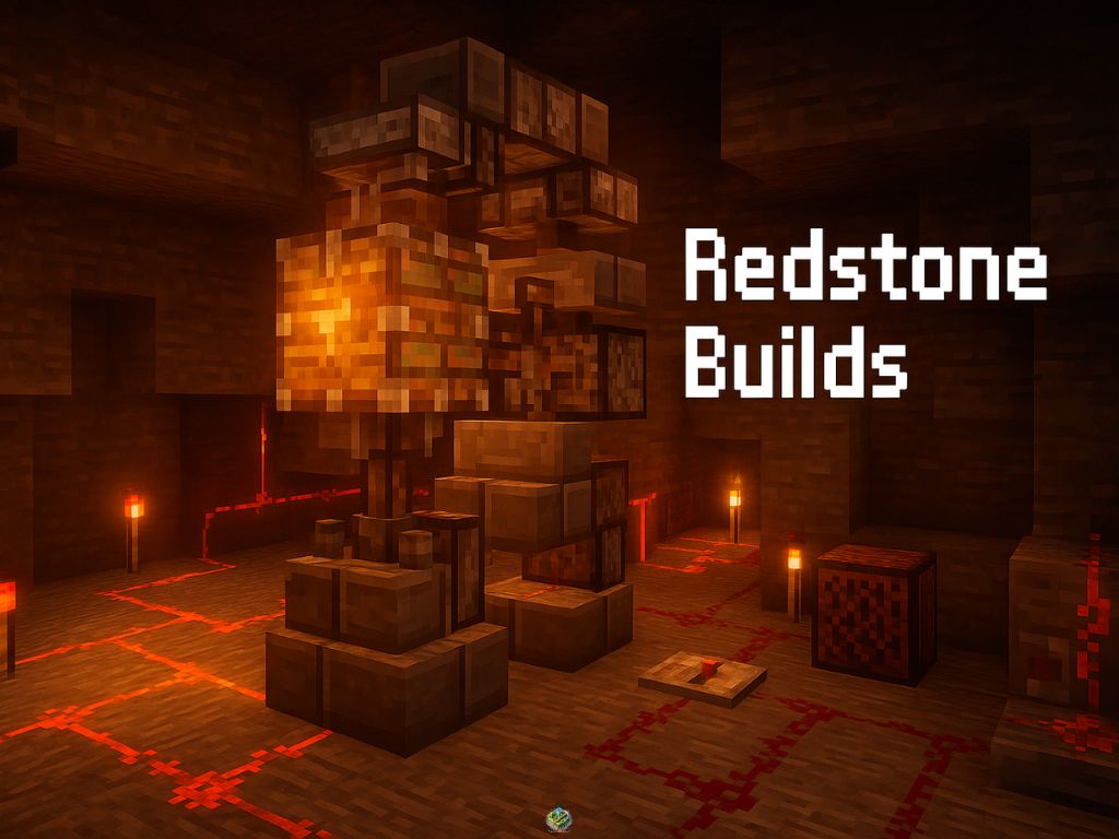 Underground Minecraft Redstone build with pistons, pressure plate, and glowing torches, with the text “Redstone Builds”