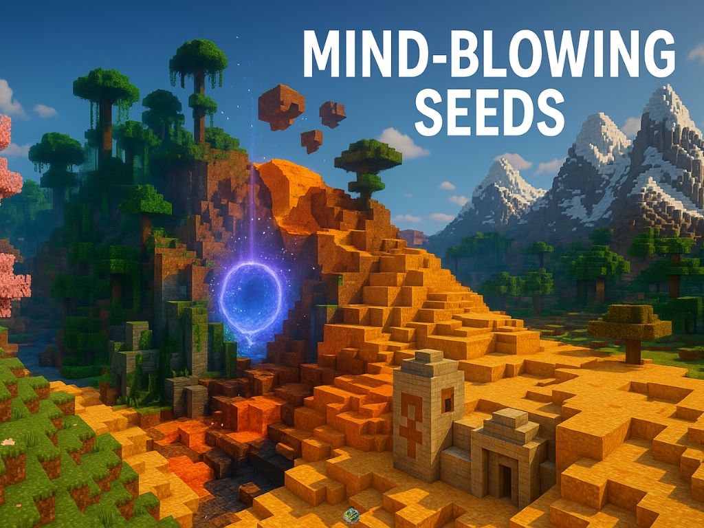 Minecraft terrain with a glowing portal, desert temple, floating blocks, and snowy mountains under the text “Mind-Blowing Seeds”
