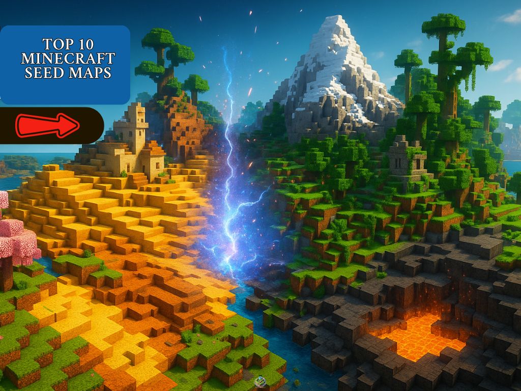Minecraft split-biome landscape with desert temple, snowy mountain, jungle ruins, lava cave, and lightning rift labeled “Top 10 Minecraft Seed Maps”