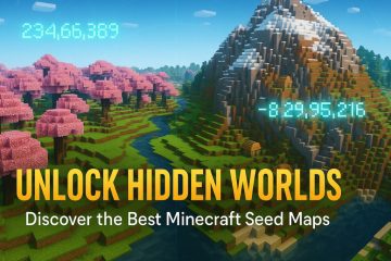Minecraft landscape featuring cherry blossom trees, a snowy mountain, and glowing seed coordinates with the text “Unlock Hidden Worlds – Discover the Best Minecraft Seed Maps”