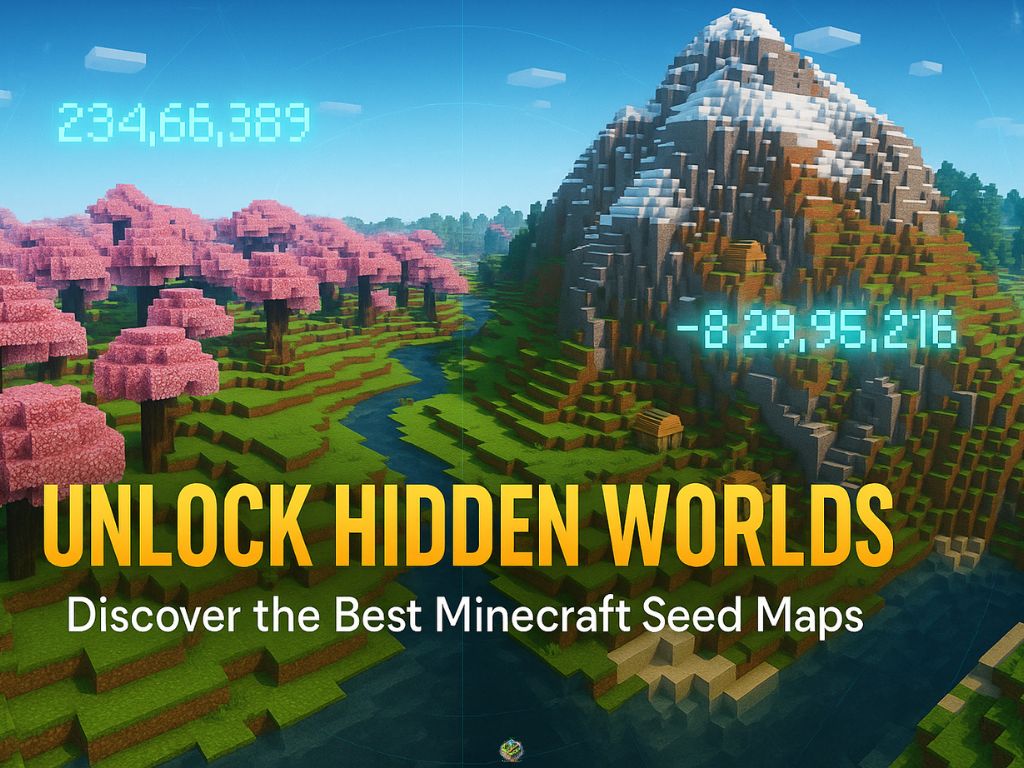 Minecraft landscape featuring cherry blossom trees, a snowy mountain, and glowing seed coordinates with the text “Unlock Hidden Worlds – Discover the Best Minecraft Seed Maps”