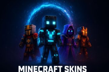 Four custom Minecraft characters in futuristic and fantasy skins standing in front of a glowing portal with the text “Minecraft Skins”