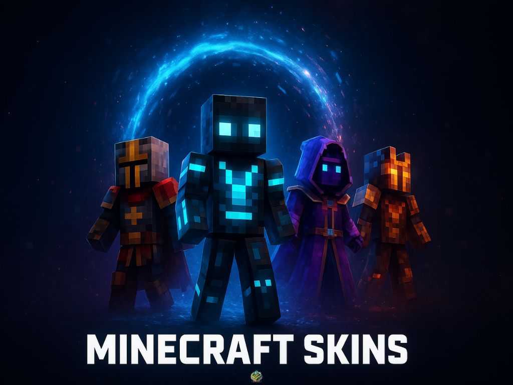 Four custom Minecraft characters in futuristic and fantasy skins standing in front of a glowing portal with the text “Minecraft Skins”