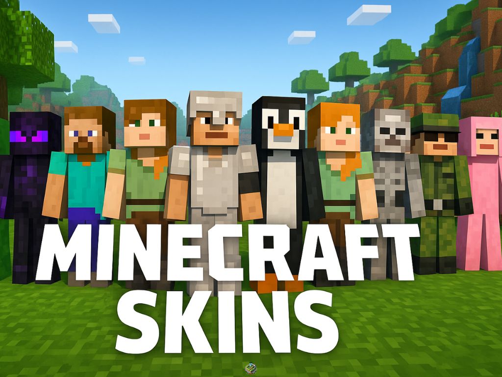 Lineup of Minecraft characters wearing various skins like a penguin, knight, skeleton, and pig, with the text “Minecraft Skins”