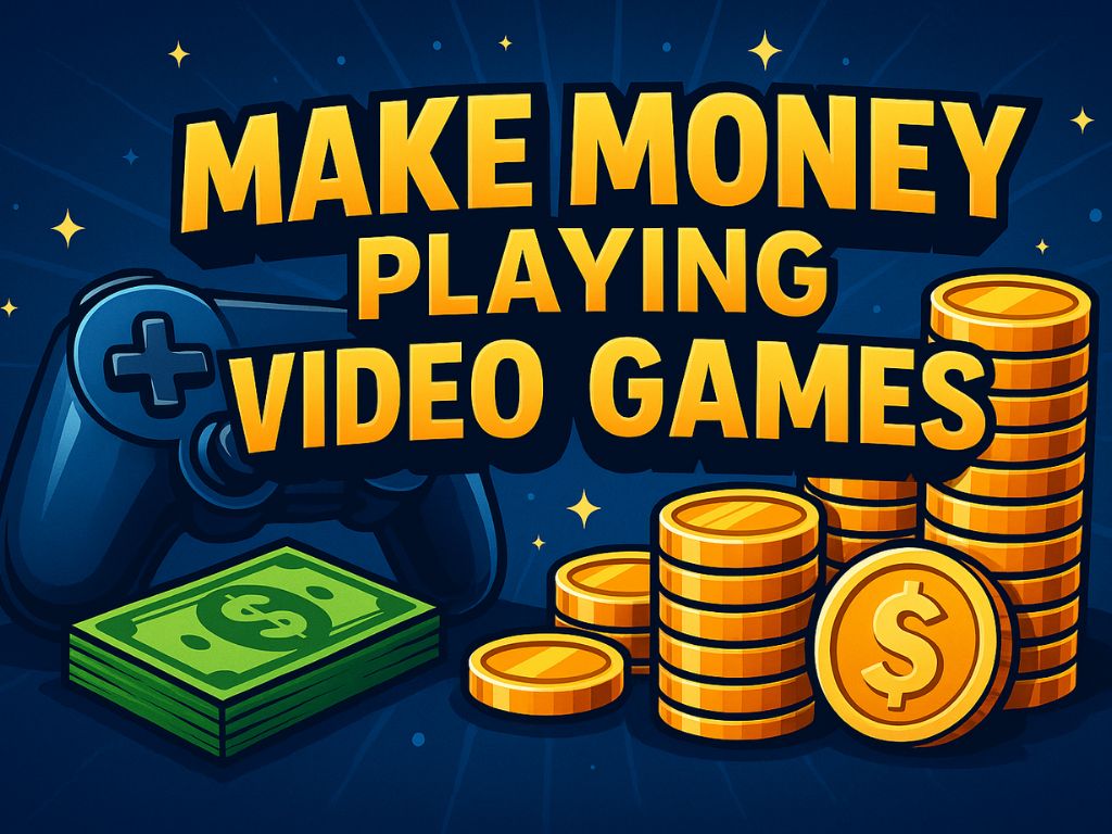 Illustration with a video game controller, dollar bills, gold coins, and the text “Make Money Playing Video Games”