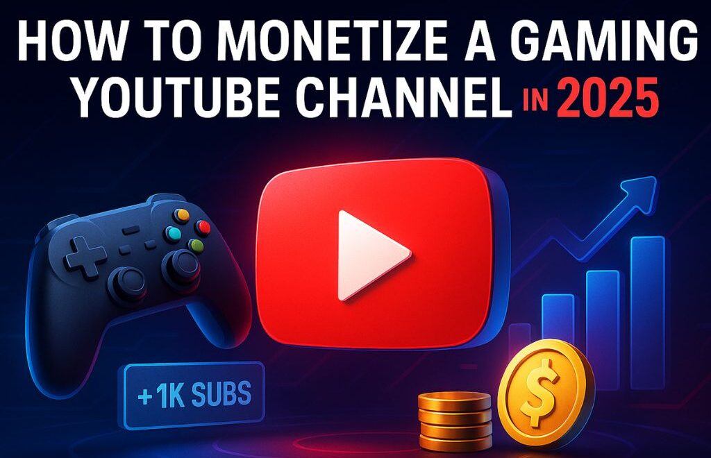 YouTube monetization image with gaming controller, subscriber badge, play button, and coins for gaming channel success.