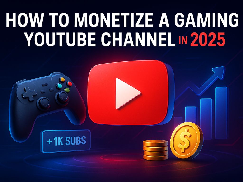 YouTube monetization image with gaming controller, subscriber badge, play button, and coins for gaming channel success.