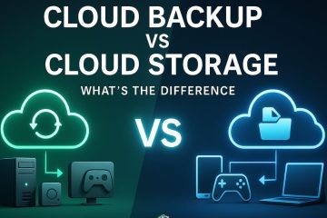 Side-by-side visual of cloud backup vs cloud storage with device and file icons and the text “What’s the Difference?”