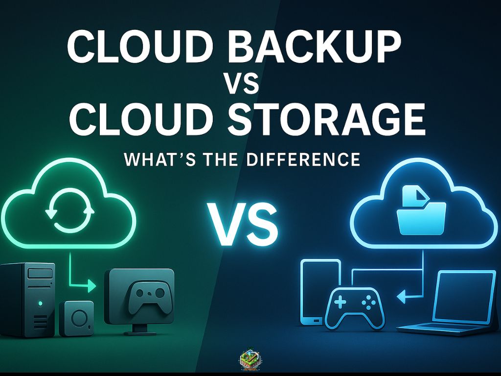 Side-by-side visual of cloud backup vs cloud storage with device and file icons and the text “What’s the Difference?”