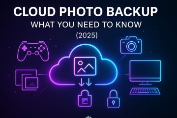 Neon-style infographic with cloud, image, lock, and device icons under the heading “Cloud Photo Backup – What You Need to Know (2025)”