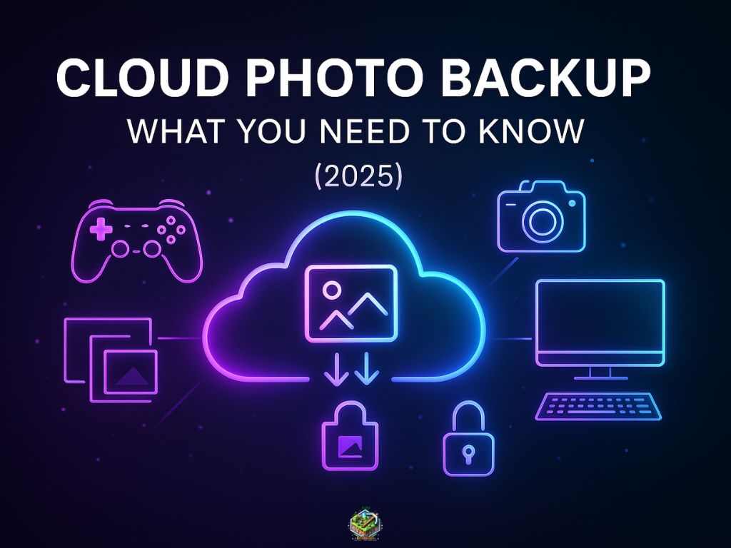 Neon-style infographic with cloud, image, lock, and device icons under the heading “Cloud Photo Backup – What You Need to Know (2025)”